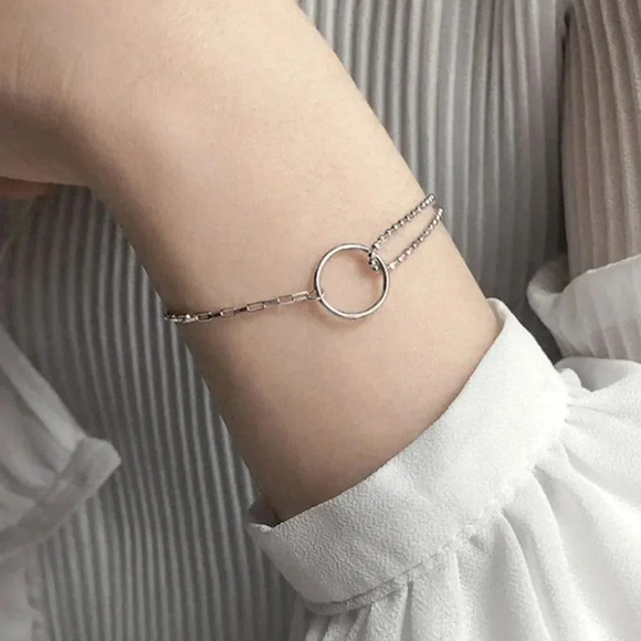 925 Sterling Silver Dainty Beaded Chain Link Circle Bracelet - Picture 6 of 7